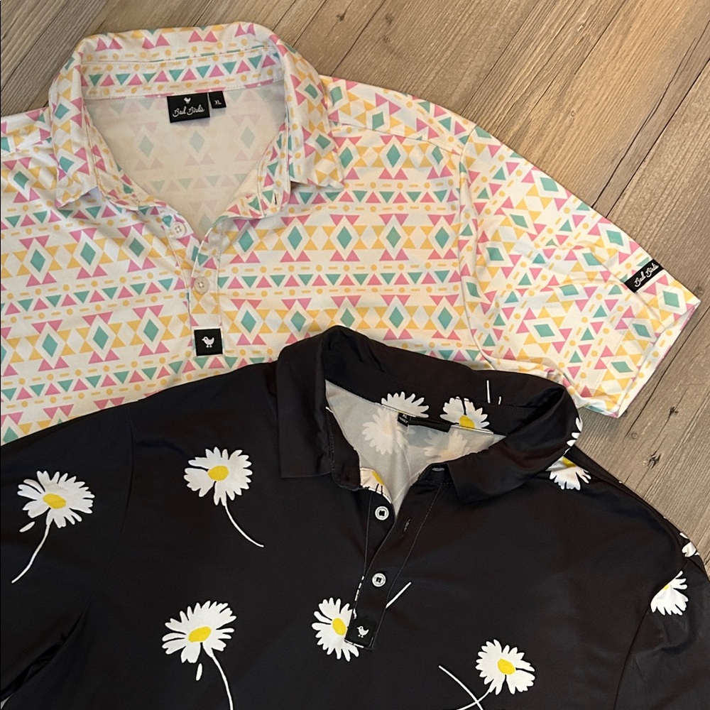 Bad Birdie Colorful Geometric and Floral Golf Performance Polo Shirts